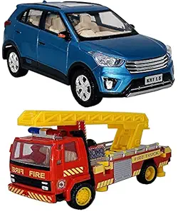 PRIYVI Car Toy for Kids Combo of Pull Back Action Creta KRT Car with Fire Ladder Truck Toy Car for Kids and Boys (Color May Vary)