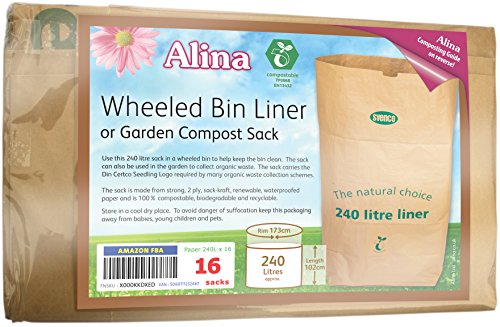 Alina 240 L kompostierbare Abfalleimer aus Papier, vollständig biologisch abbaubar, Braun, 240 Liter Papiersack mit Alina-Kompostieranleitung (in englischer Sprache), 16 sacks - 5