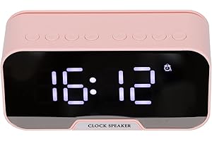 Sorandy Reloj Despertador con Radio con Altavoces Bluetooth para Dormitorio, Oficina, Altavoz Despertador Digital Portátil con Pantalla LED, Temperatura De Calendario, Brillo Ajustable(Rosado)
