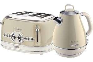 Ariete ARPK19 Retro Style Jug Kettle and 4 Slice Toaster Set, Vintage Design, Beige