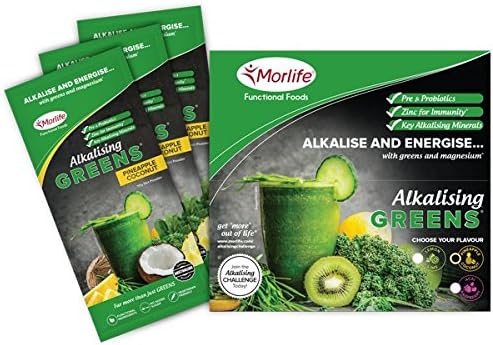 Morlife Alkalising Greens Pineapple Coconut Handy Pack 14 x 10g - 21 Super Greens, Fruits and Vegetables, Pre &amp; Probiotics, Key Alkalising Minerals, Vegetarian Greens Powder, Pineapple Coconut, 14 single serves
