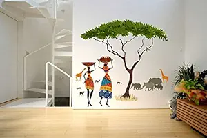 Decals Design Artistic Tribal Ladies with Animals Nature Wall Sticker (PVC Vinyl, 60 cm x 90 cm, Multicolour)