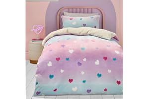Bedlam Teddy-Fleece-Bettbezug mit rosa Herzen, Einzelbett (140 x 200 cm), weich und gemütlich, rosa Ombré-Bettbezug für Mädchen, Regenbogen-Bettwäsche mit Liebesherz für Kinder