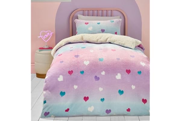 Bedlam – rosa hjärta teddy fleece påslakan – enkelsäng (140 x 200 cm) – mjuka och mysiga fleece-sängkläder i enkel – rosa ombre påslakan för flickor – regnbågssängkläder med kärlekshjärta för barn