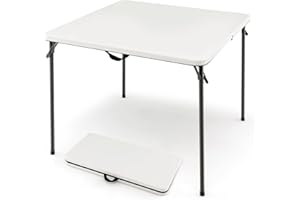 COSTWAY 34"(3ft) Folding Table, Fold in Half Square Tables with Handle, Portable Plastic Dining Camping Trestle Table for Indoor and Outdoor Use (White)