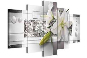 murando - Quadro Astratto Fiori 200x100 cm 5 Pezzi Stampa su tela in TNT XXL Immagini Moderni Murale Fotografia Grafica Decorazione da Parete Quadri Componibili Giglio argento grigio bianco verde