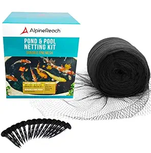 AlpineReach 28 x 30 Feet Koi Pond Netting Kit Gift Box - Woven Fine Mesh Heavy Duty Stretch Net Cover for Leaves - Protects Koi Fish from Blue Heron Birds Cats Predators UV Protection Stakes Included