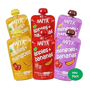 Happa Organic Food, Favourite Fruits Variety Pack (Apple+ Mango, Mango + Banana, Apple + Banana), 100 Gram Pouch, Pack of 6