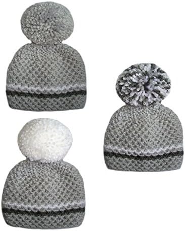Grey / Charcoal / White Hand Knitted Baby Bobble Hats With Pom Poms - Premature to Newborn 0-3 months (Newborn 0-3 mths, Multi Pompom)