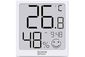 SERENE STOCK Serenestock Digital Indoor Hygrometer Thermometer Room Thermometer- LCD Screen Temperature and Humidity Gauge C/F Switchable Meter Baby Basement Greenhouse Outdoor & Clock