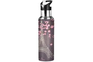 Mnsruu Kunst Süß Paris Eiffelturm Trinkflasche Wasserflasche mit Strohhalm für Sport, 600ML Thermosflasche BPA-frei Isolierflasche Edelstahl 18/8 für Kinder Wandern Schule