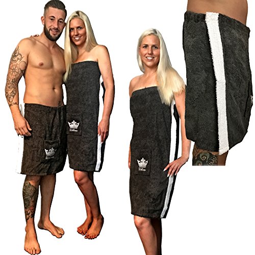 JEMIDI Sauna Frottee Kilt Sarong Damen oder Herren Anthrazit Grau mit Stickerei 100% Baumwolle Saunakilt Saunasarong Saunatuch Anthrazit/Weiß Damen - 2