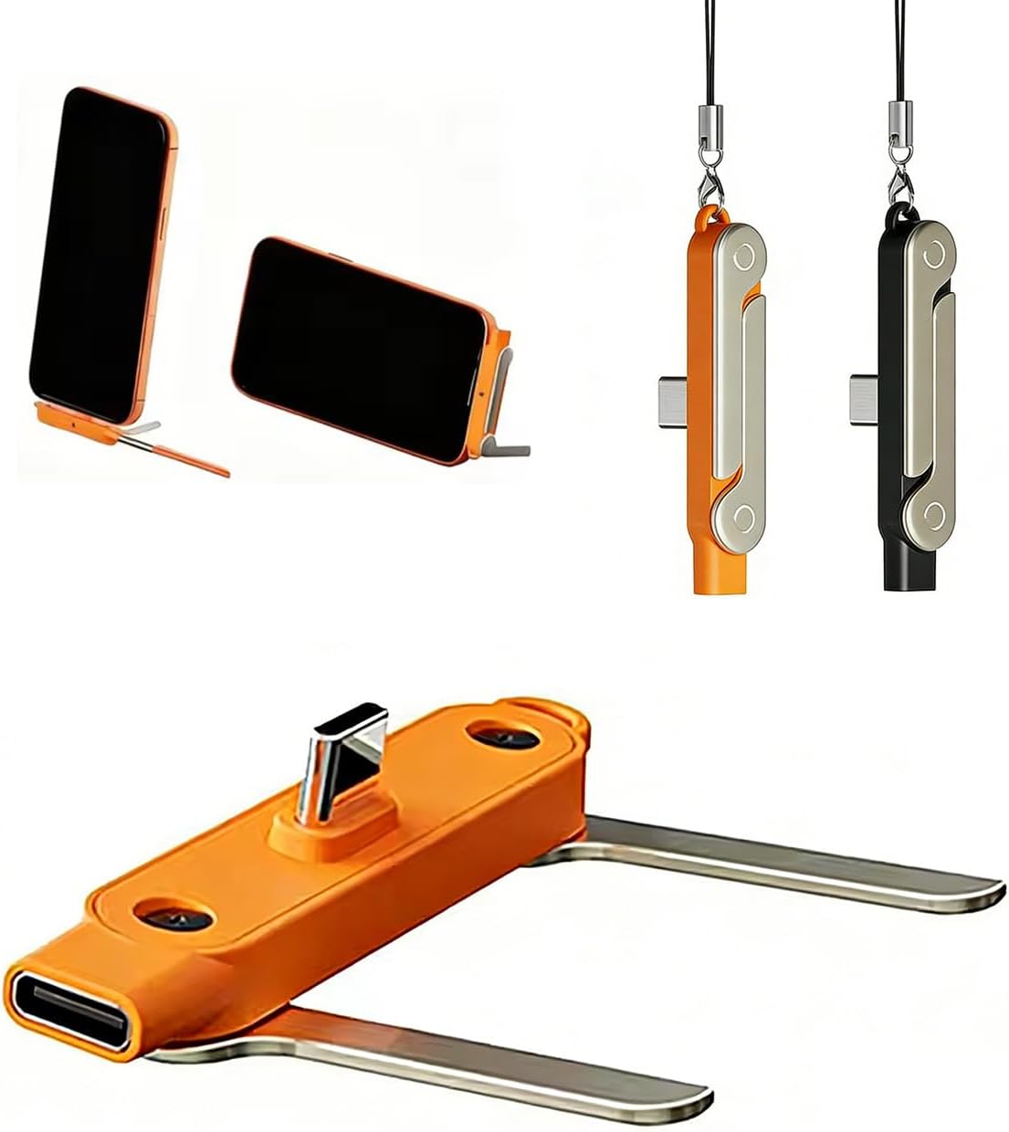 Cable de Carga Rapida 240W Soporte Plegable Telefono Movil, Desmontable 2 en 1 Tipo C, Cables Datos de Teléfono Plegables Invisible Portátil Automóvil Viajes Juegos (Orange Stand)