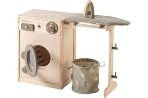 howa Kinderwaschmaschine aus Holz Waschmaschine für Kinder mit Wäscheleine, Bügelbrett, Wäschekorb und Bügeleisen 48142