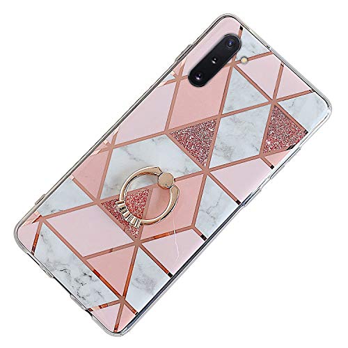 Felfy Compatibile con Galaxy Note 10 Custodia Placcatura Marmo Silicone Cover,Bling Brillantini Diamante Ultra Sottile Morbida TPU Silicone Gel Anti-Scratch Antiurto Cover con Anello Supporto,Rosa
