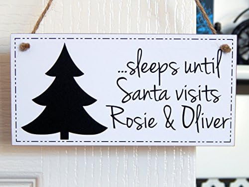Christmas Countdown Chalkboard Personalised Plaque Sign - White with Christmas Tree - Sleeps Until Santa Visits Any Names - Handmade in the UK