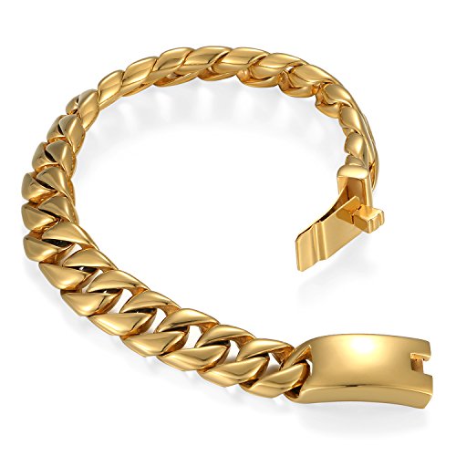 Flongo Groß Breit Edelstahl Armband Armreif Link Handgelenk Gold Golden Schwarz Glänzend Polished Poliert Panzerkette Kette Verstellbar Einstellbarer Verschluss Top Qualität Herren