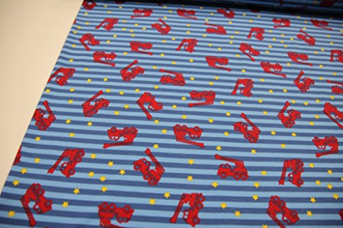 Stoff / 50cmx140cm / Kinder / beste Jersey-Qualität / Jersey PINIDI Feuerwehr rot auf Streifen hellblau-blau - 3