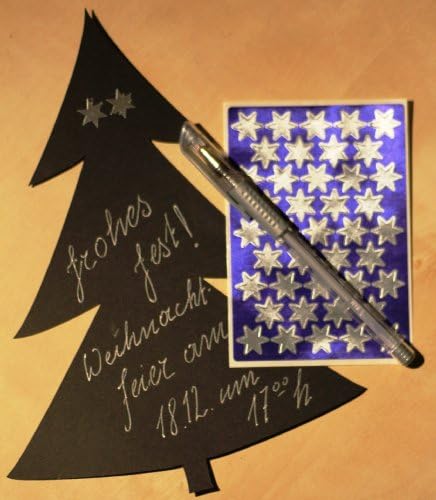 "The Big Ones" - Christmas Set: 25 Christmas-Tree-Shaped Cards (17 x 22.5 cm, Black, 400 g/m²), Silver Gel Pen, Self-Adhesive Stars