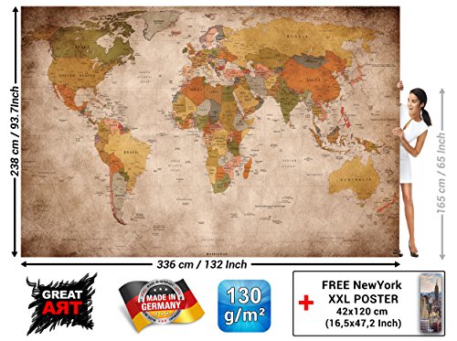 Murale vue usage - photo mur decoration carte géographie mondiale atlas continental map d une ecole ancienne - postere mur deco. Chez GREAT ART (336 x 238 cm)