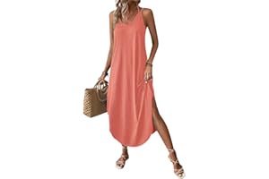 Chicrise Robe D'été Femme Longue Maxi Robe sans Manches Col V Robe De Plage Décontracté