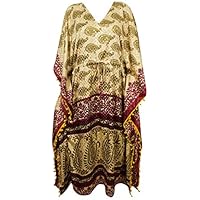 Womens Beige Caftan Dress Printed Kimono Silk Sari Maxi Kaftan One Size