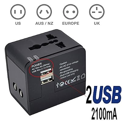 TBS®2301 Adaptateur/Chargeur Universel de Voyage avec 2 prises USB (5V 2.1A), Adaptateur chargeur de voyage tout-en-un multi-prise EU/US/UK/AU