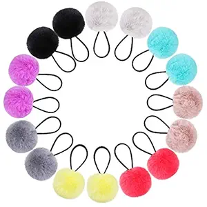 Pom Hair Ties Pompom Ball Elastic Hair Band Fur Ball Fluffy Ponytail Holders for Women Girl Kids Hair Accessories (16 Pieces, Color Set 2)
