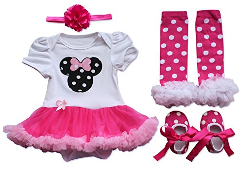 EFE Baby Girls 4PCs Outfits Sets Clothing Romper Tutu Dress Headband Shoes Leggings Hot Pink Dot 0-3 Months