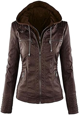 Women PU Leather Zip Up Hooded Slim Biker Bomber Jackets Vintage Winter Overcoat