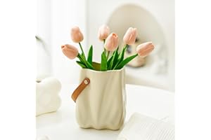 DONJIM Jarrón de Cerámica Jarrón Pequeño 15cm, Jarrones Decorativos Modernos Estilo Escandinavo, Jarrón de Bolso - Jarrón de Boca Ancha con Asa, de Mesa para el Hogar Fiesta Boda Decoración, Amarillo Cremoso