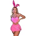 XGOPTS Women's Sexy Bunny Cosplay Shiny Rave Outfits Metallic Wet Look PU Leather Lingerie Sets 4Pcs Chain Bra Top G-String Mini Skirt Bunny Ear Headband Outfits Bunny Costume Festival Party Clubwear