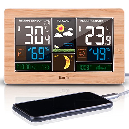 Giardinaggio e stazioni meteo: Domotica e casa Intelligente 9 FanJu FJ3378W Stazione Meteo Wireless con Caricabatterie USB Porta / Indoor Temperatura Esterna e Umidità / Sveglia / MAX MIN Temperatura e Umidità / Fase Lunare
