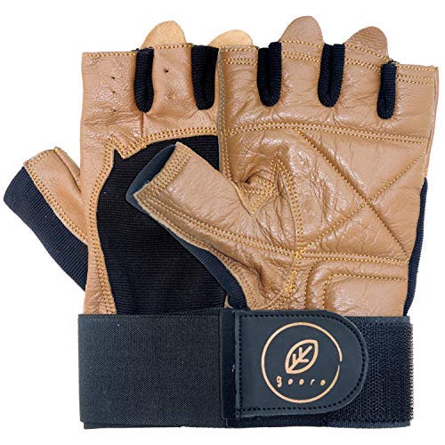 Gooro Fitness Guantes Acolchados de Cuero Auténtico para Levantamiento de Pesas con Soporte de Muñeca, Color marrón, tamaño Medium