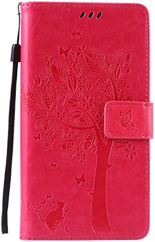 Huawei Honor 4X Case Leather, Ecoway Cat and tree Patterned Embossing PU Leather Stand Function Protective Cases Covers with Card Slot Holder Wallet Book Design Detachable Hand Strap for Huawei Honor 4X - Rose Red