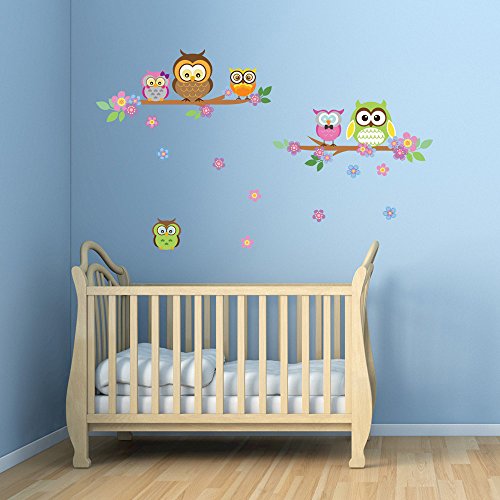 denoda® Eulen, Äste und Blumen – Wandsticker (Owl Wanddekoration Wohndeko Kinderzimmer Babyzimmer Jugendzimmer Wohnzimmer Wand Aufkleber niedlich süß Baum Flower Vogel Zweig schön cute Wandbild selbstklebend) - 2