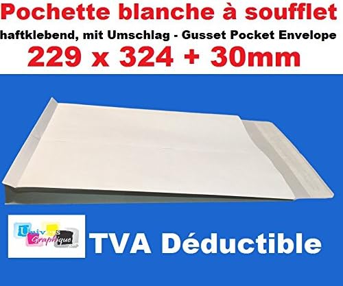 Pack of 100 – White Pocket Envelope C4 229 x 324 mm Gusset 30 mm Kraft Paper 120 g White Tape Silicone Adhesive Zip Gusset Bag Large Capacity Reinforced