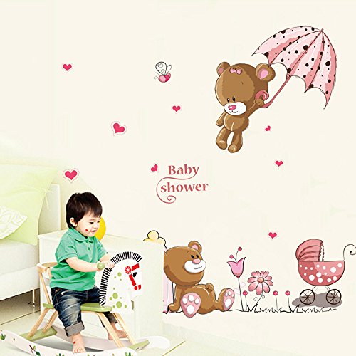 ufengke® Niedlichen Baby Bären und Blumen Dach Wandsticker, Kinderzimmer Babyzimmer Entfernbare Wandtattoos Wandbilder - 2