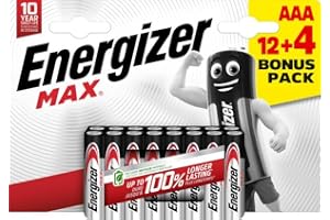 ENERGIZER MAX Energizer - Max, Pack de 12+4 Pilas AAA, Larga duración para Uso Cotidiano, sin sulfataciones y con 10 años de Vida útil