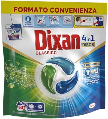 Dixan DISCS 4in1 Classico Detersivo Lavatrice, 60 Lavaggi, Capsule Lavatrice per una Pulizia Profonda del Bucato e Freschezza Igienica per Lavatrice, Rimuove le Macchie da 20°C
