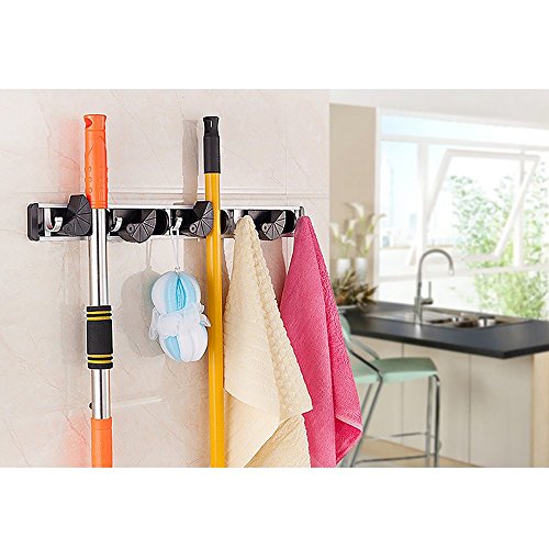 Firlar Wandbefestigung Schrubber Und Besen Inhaber Aluminium Legierung Veranstalter Garage Speicherlösungen Mit 4 Platz 5 Haken Reduziert - 3