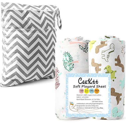 CeeKii Sábana Minicuna Ajustable, Set de 2 Sábanas Bajeras Ajustables con Elásticos de 100% Algodón para Cuna Juegos y 1pcs Impermeable Seca y Húmeda Bolsa de Pañales Reutilizable