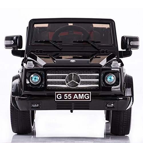 Kinder-Elektroauto Mercedes G AMG, schwarz lackiert, original lizenziert, batteriegetrieben, zwei Motoren, 12 V Akku, Fernbedienung, Weiche EVA Räder