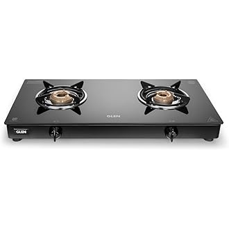 Glen Apex 2 Burner LPG Gas Stove 66 cm | 6mm Toughened Glass Top | Brass Burners | ISI Certified | Manual Ignition | Black with Drip Trays & Revolving