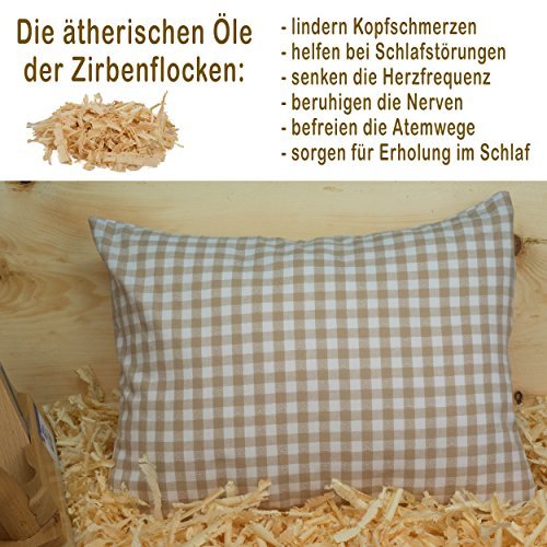 Salinasoft „Alpenländisches Zirbenkissen“ Beruhigung, Entspannung und Hilfe bei Kopfschmerzen oder Migräne durch den Duft der Zirbe. Größe ca. 45 X 35 cm mit extra Innenkissen. Farbe Hellbraun - 2