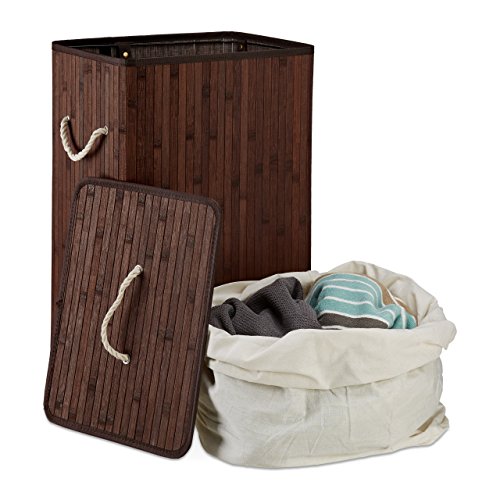 Relaxdays Wäschekorb Bambus H x B x T: ca. 65,5 x 43,5 x 33,5 cm faltbare Wäschetruhe rechteckig mit einem Fassungsvolumen von 83 L mit Wäschesack aus Baumwolle zum Herausnehmen als Wäschepuff, braun - 3
