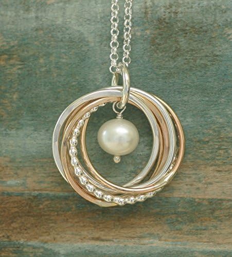 60th birthday gift for her, gift for sister jewelry, 6 best friends gift, 6 interlocking rings necklace, Pearl, June birthstone necklace