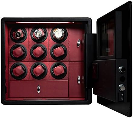 New Safety box for 9 automatic watch winder with drawer JEWELRY strongbox case LCD TOUCH SCREEN (Black W Red)