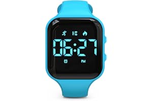 Focwony Kinder-LED-Fitness-Tracker-Uhr, Schrittzähleruhr Digitaluhr, Armbanduhr, Schrittzähler/Entfernung/Kalorien/Wecker, Tolles Geschenk für Kinder Teenager Mädchen Jungen (Blau-Quadrat)