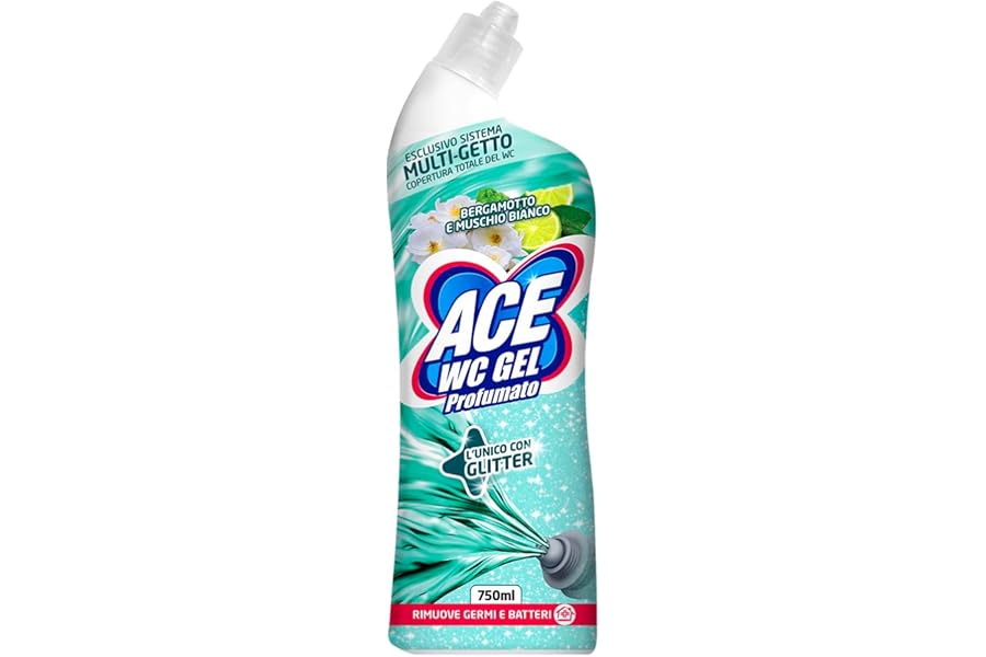 ACE Toilet Gel Scented Bergamot and White Musk, 750 ml, Deep Cleaning with Exclusive Multijet System, Total Coverage, the One with Glitter, Sanitises and Long-Lasting Fragrances
